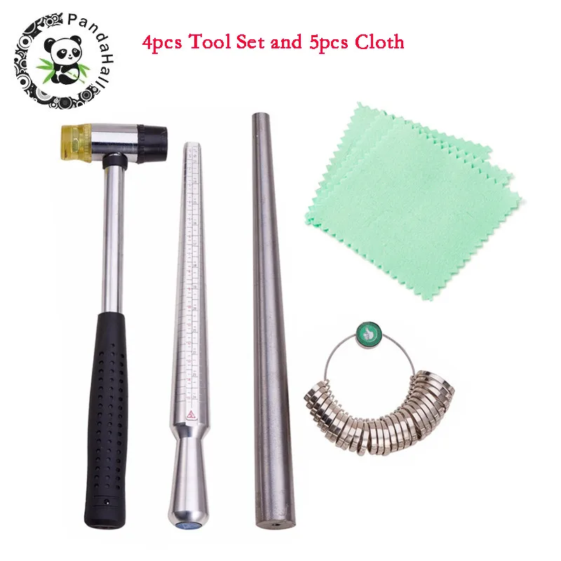 4pcs Set and Cloth ЮВЕЛИРНЫЕ ИНСТРУМЕНТЫ, кольцо, увеличитель, ручка оправки, молотки, кольцо, измерительная палочка для пальцев, 5 шт., ткань для полировки ювелирных изделий F80 - Цвет: 4pcs Set and Cloth