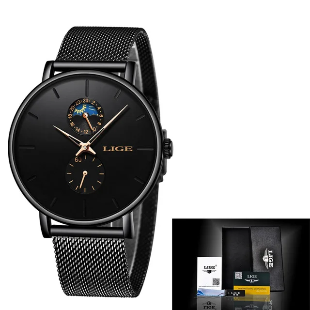 Black gold LIGE Fashion Casual Mens Watches Waterproof Analogue Sports Fashion Casual Mens Watches Waterproof Analogue Sports Wristwatches - Цвет: Black gold
