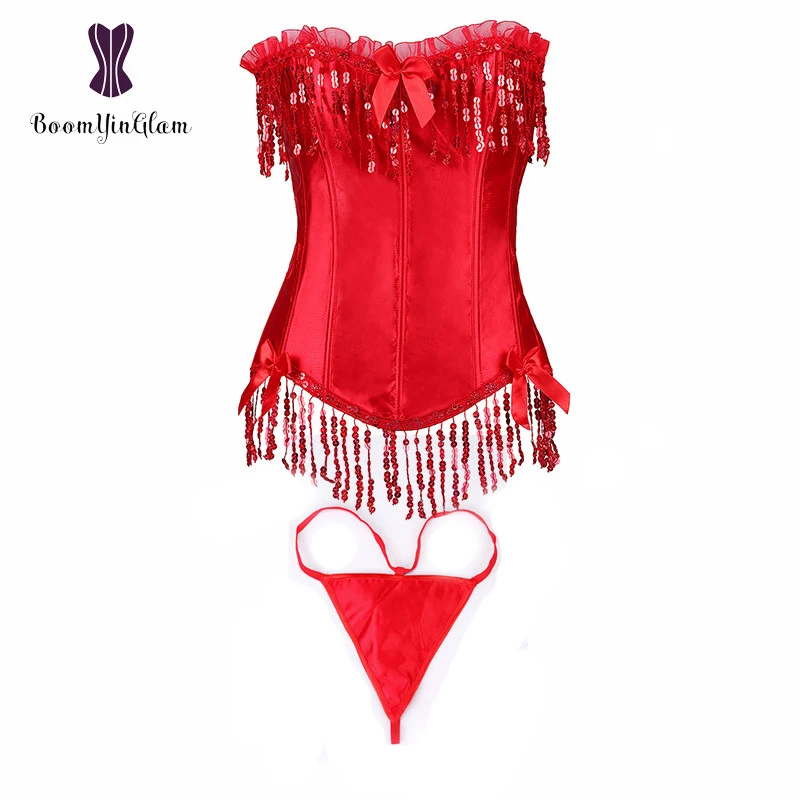 

Red Waist Trainer Body Shapewear Dancewear Costumes Women Lingerie Corsets And Bustiers With Sequin Tassel 803#