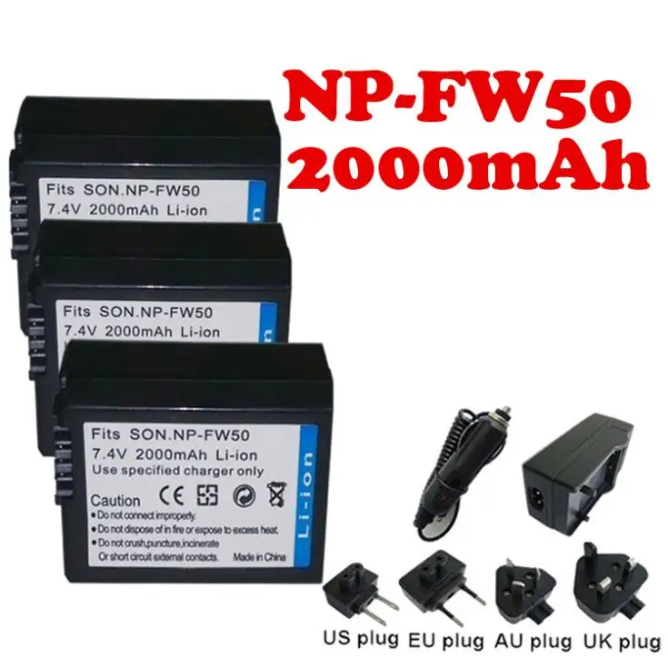 2000mAh 3pcs NP FW50 Battery +battery Charger +car charger for Sony NEX 3 5C Alpha A55 7 C3|charger dynamo|charger aspire onechargers throwback |