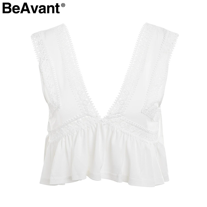 white BeAvant Sexy v средства ухода за кожей шеи спинки майка для женщин рюшами Короткие кружево рубашка бретели Танк Лето пот уличная повседнев - Цвет: white