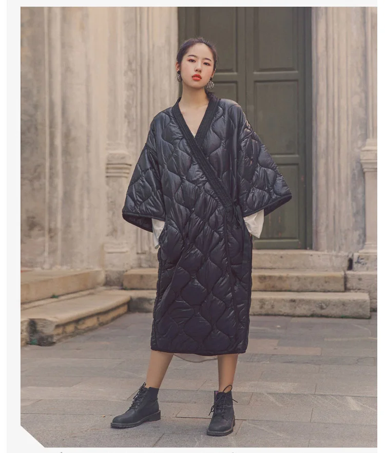 Johnature Women Black Parkas Japan Style Coats Autumn Winter New Belt V-Neck Plus Size Women Cloths Warm Vintage Parkas