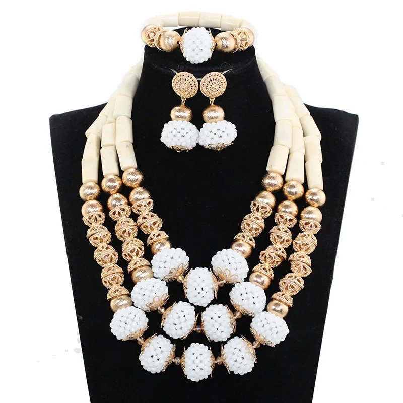 Charms White African Wedding Beads Jewelry Sets for Brides Dubai Gold Costume Women Statement Necklace Set Birthday Gift HX733 | Украшения
