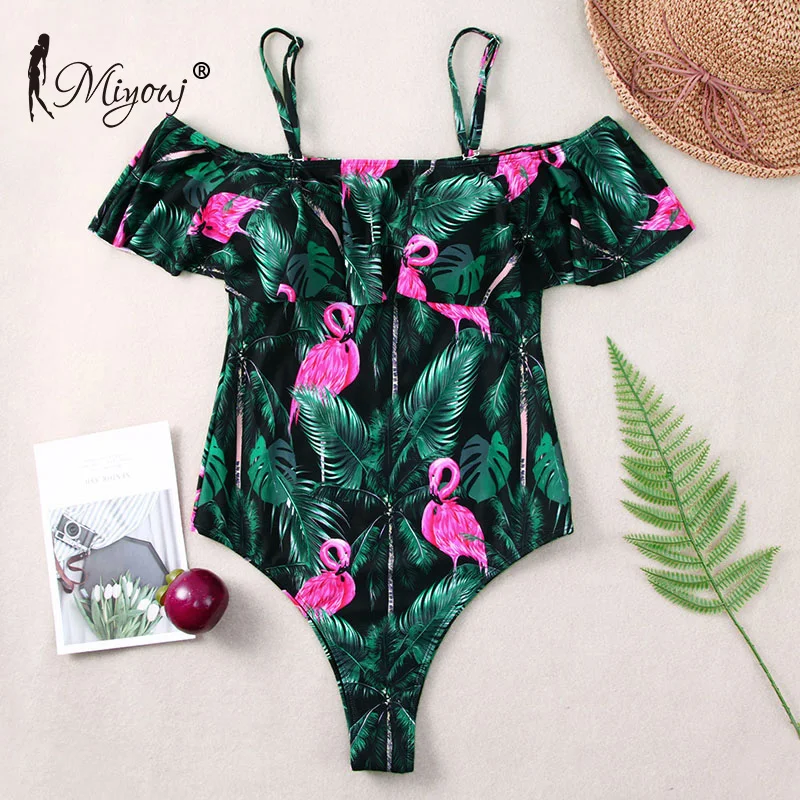 Miyouj Off Shoulder One Piece Swimsuit Female Flamingo Swimwear Retro Leaf Print Bathing Suit Women Biquini Mujer 2019 Bikini XL | Спорт и
