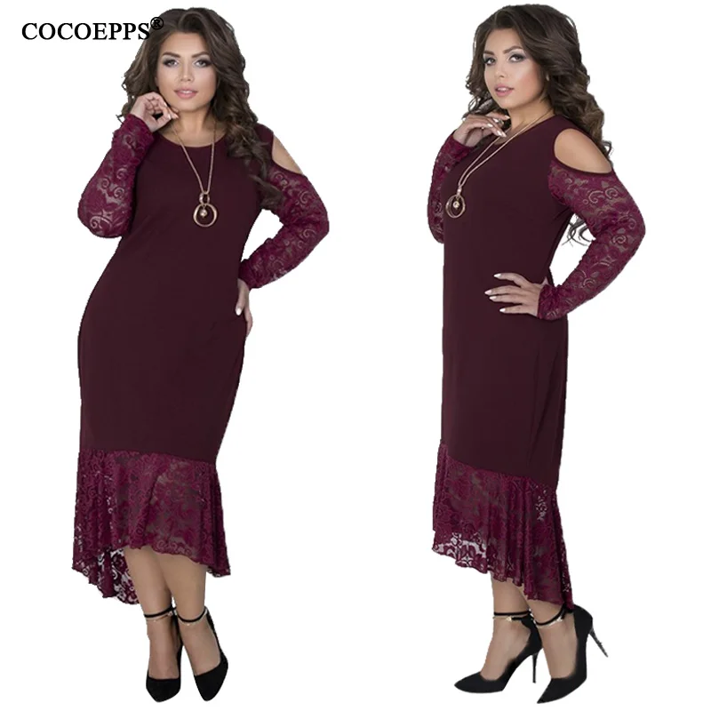 5XL 6XL размера плюс женское кружевное платье осень зима сексуальное с открытыми плечами большой размер длинное платье элегантные вечерние платья большого размера для девушек