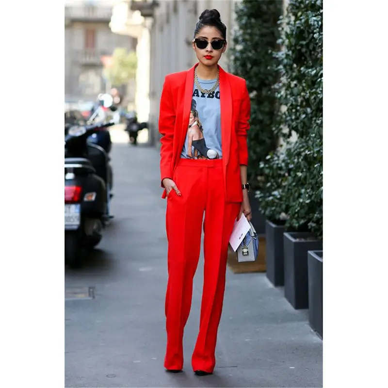 

Red Straight Trouser Suit Formal Womens Business Suits Blazer With Pants Custom Made Job Tuxedos B183