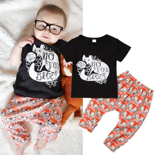 2018 New Newborn Orange Fox 2Pcs Cute Bbay Boys Black Short Sleeve T-shirt Top+Long Pants Toddler Cotton Outfit Clothes Set |
