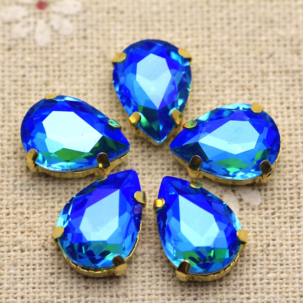 Mix AB color Waterdrop shape sew on Rhinestone with Gold base Rhineestone applique holes Flatback crystal strass DIY cloth | Дом и сад