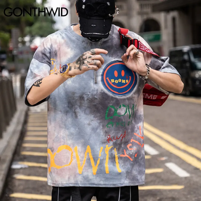 GONTHWID граффити с принтом смайлика Tie Dye футболки для повседневной носки Для мужчин