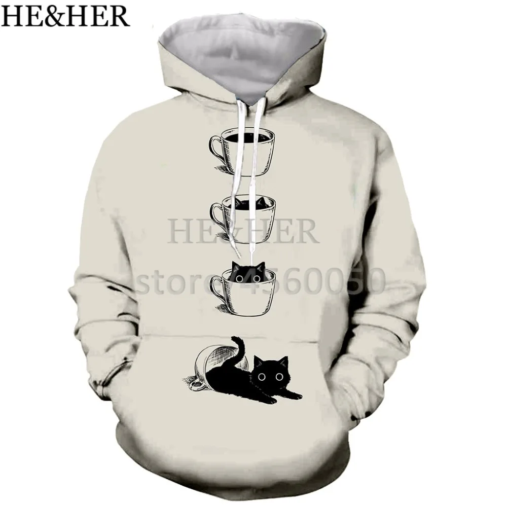 fashion black cat 3D printed men hooded hoodie sweatshirt graphic casual streetwear pullover | Мужская одежда
