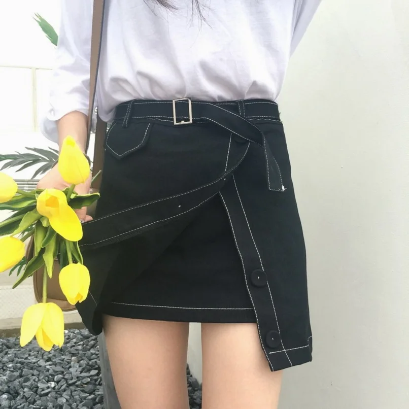 Женская асимметричная короткая юбка в стиле харадзюку с поясом вилкой и