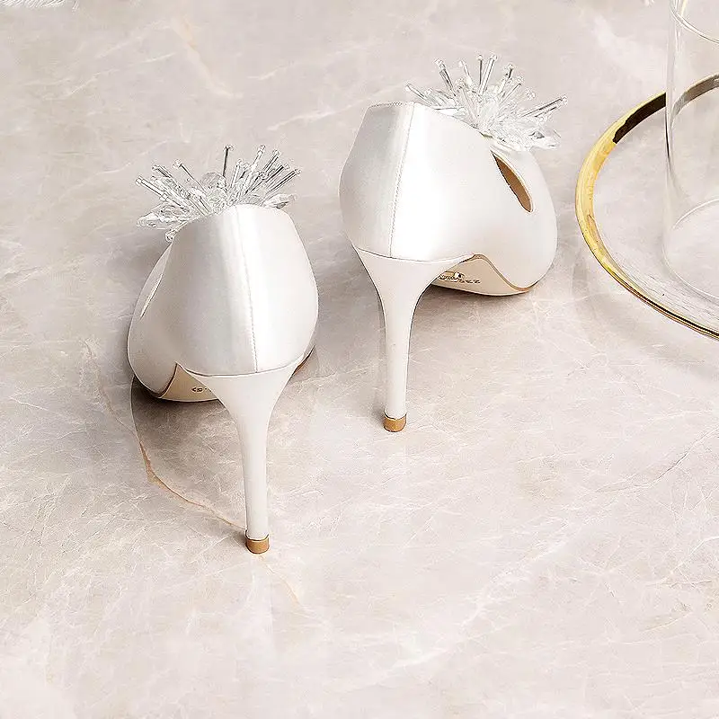 

Crystal Flower Women Pumps Wedding Shoes Handmade White Bridal Shoes Satin Bridesmaid Banquet Dress Shoes Stiletto 7cm/9cm Heels