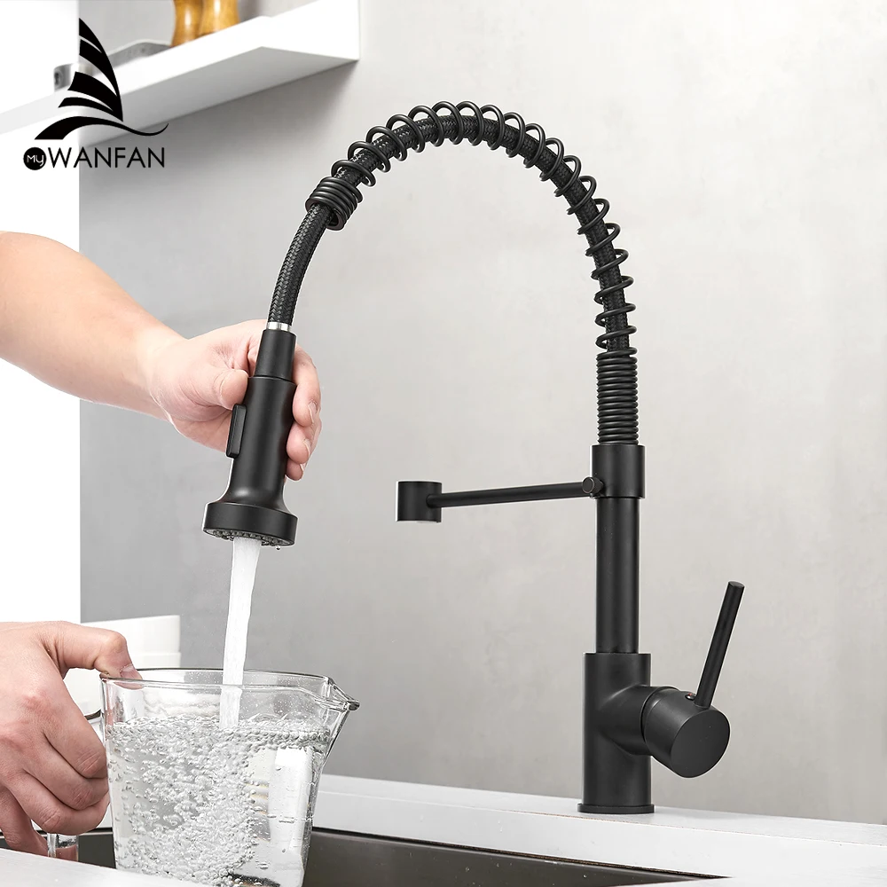 Kitchen Faucets Matte Black Faucets for Kitchen Sink  Single Lever Pull Out Spring Spout Mixers Tap Hot Cold Water Crane 9009