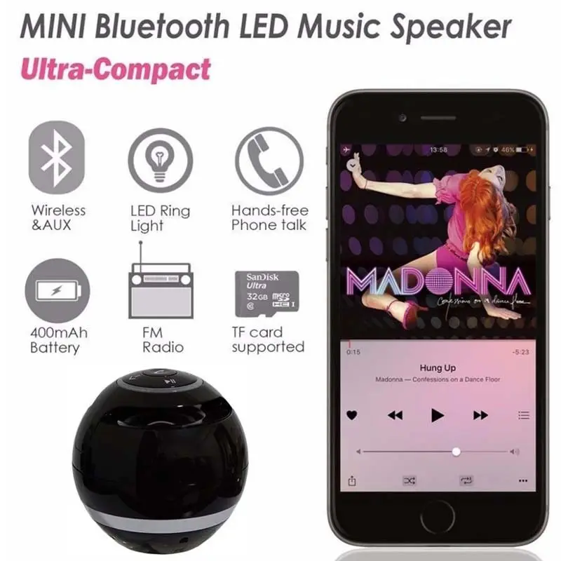 Портативный круглый беспроводной динамик Heaton Bluetooth V3.0 + TF-карта супер бас FM