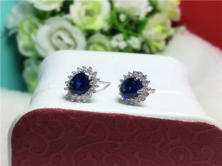 Настоящее золото сапфир Серьги Jewelry 2ct/кусок Овальный Серьги с драгоценными камнями Овальный Сапфир Стад девушка Обручение 14 К белого золота