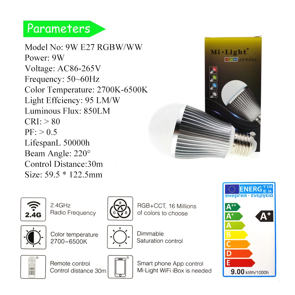 Mi Light RGBWW светодиодная лампочка AC86 265V GU10 5 Вт/E27 6 Вт 9 RGBW / RGBCW умное освещение с