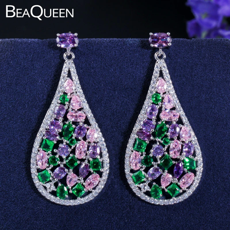 Женские серьги капельки с фианитом BeaQueen подвески зеленого фиолетового розового