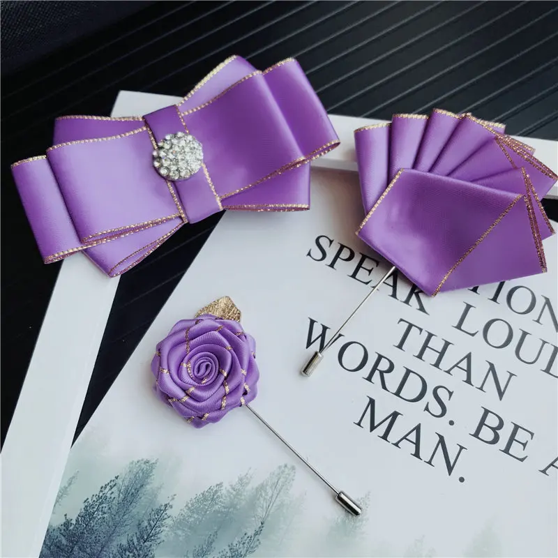 Handmade Bow Tie Set 3 шт., мужские галстуки-бабочки унисекс, стразы, брошь, набор носовых платков, Свадебный костюм, бизнес, Рождественский галстук, галстук, карманный квадратный галстук-бабочка - Цвет: Handmade Bow Tie Set