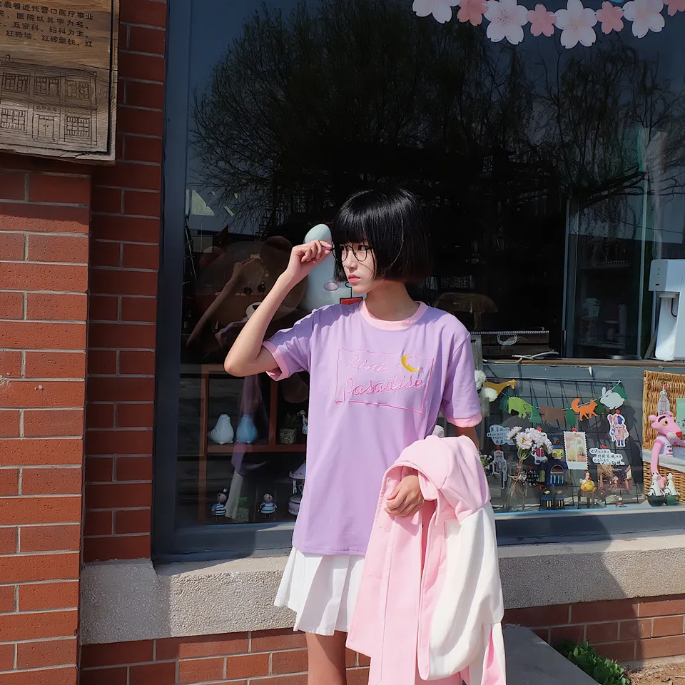 Женская модная футболка Корея ulzzang Harajuku стиль Японский дикий сладкий мягкий сестра Луна вышивка цвет соответствующие рубашка для студента
