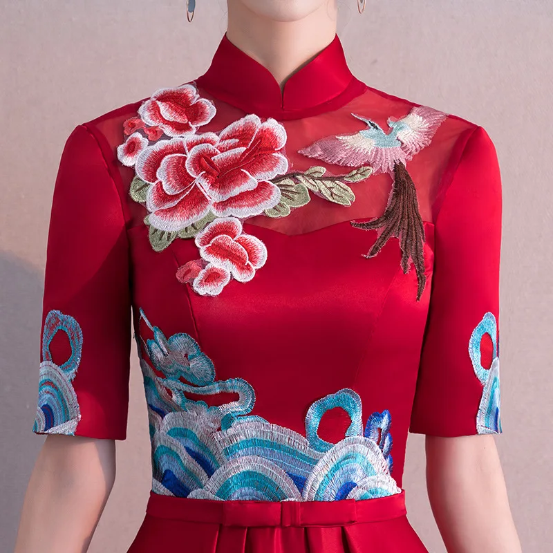 Женское длинное платье Ципао красное с вышивкой для свадьбы в китайском стиле S-XXL