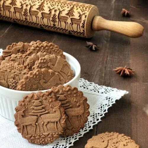 Christmas Wood Embossing Rolling Pin Baking Cookies Biscuit Fondant Cake Dough Engraved Roller Reindeer Snowflake | Дом и сад