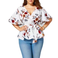 2019 new chiffon blouse large size womens new v neck trumpet sleeves with printed chiffon shirt women tops plus size tops