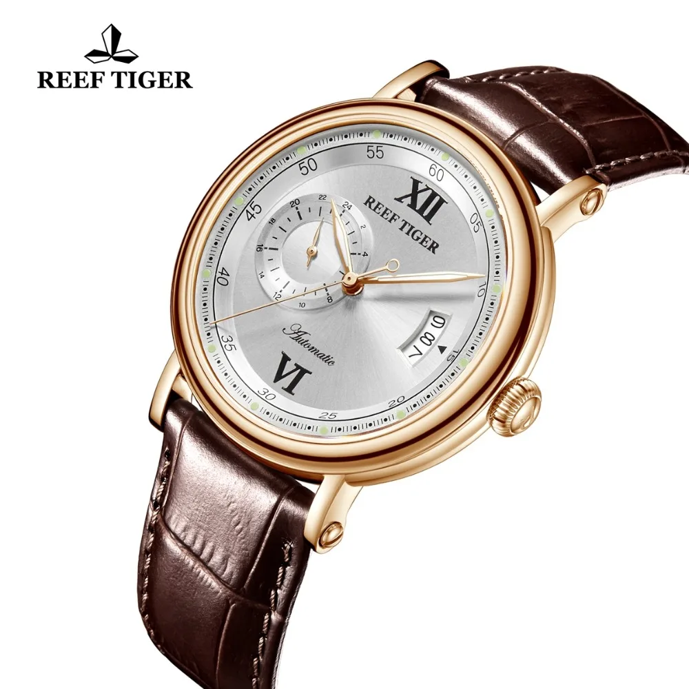 Reef Tiger/RT Роскошные брендовые нарядные часы мужские высококачественные дизайнерские часы большая дата 24 часа часы с кожаным ремешком RGA1617-2