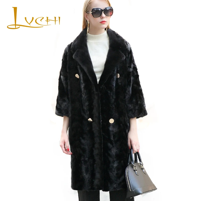 

LVCHI Winter 2019 Natural Real Mink Fur Coat Women's Nine Quarter Sleeve Turn-Down Collar Army Green Button Loss Slim Mink Coats