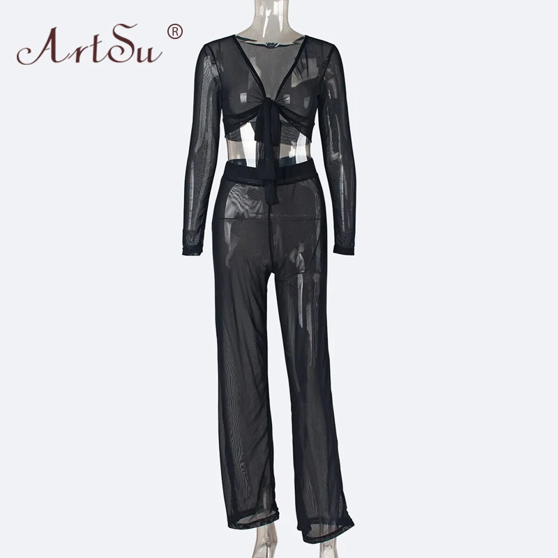 

ArtSu See Through Bandage Crop Top And Long Pants Two Piece Set Women Black Beach Wear Outfits Summer Mesh Club Matching Sets