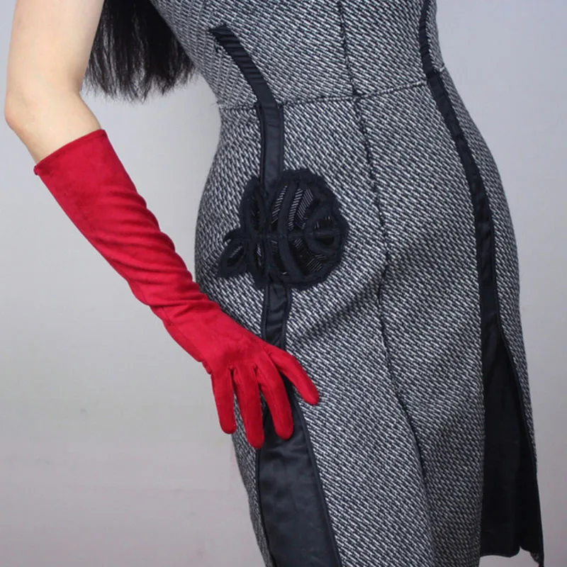 Suede red Женские лакированные кожаные перчатки длинные ПУ имитация кожи Яркие Кожаные зеркальные Модные женские модели 40 см TB77 - Цвет: Suede red