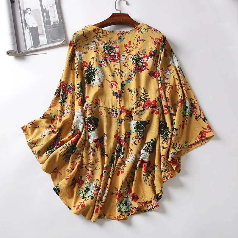 Women Sexy V neck Lace Up Boho Dress Yellow Floral Batwing Sleeve Beach Summer Dresses Long Vintage | Женская одежда