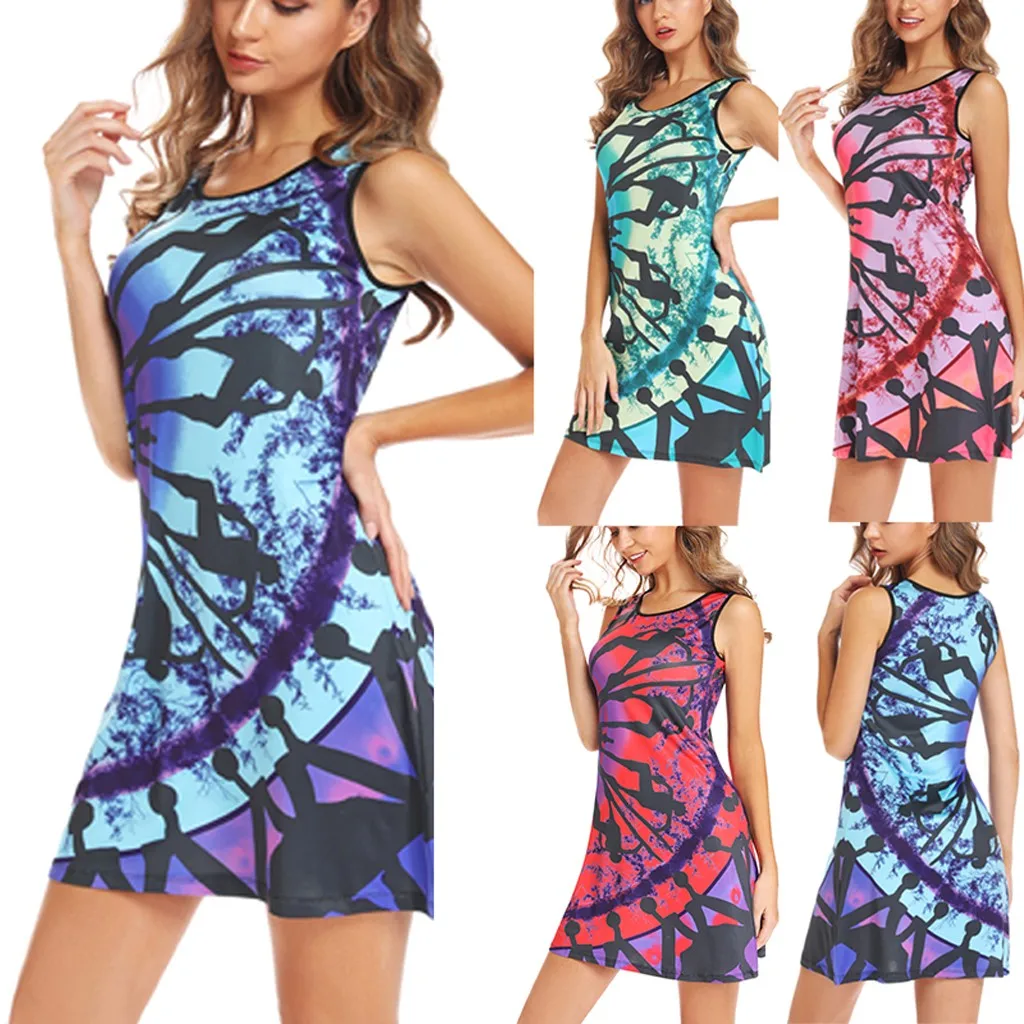Новинка 2019 года модное женское платье без рукавов с круглым вырезом и принтом