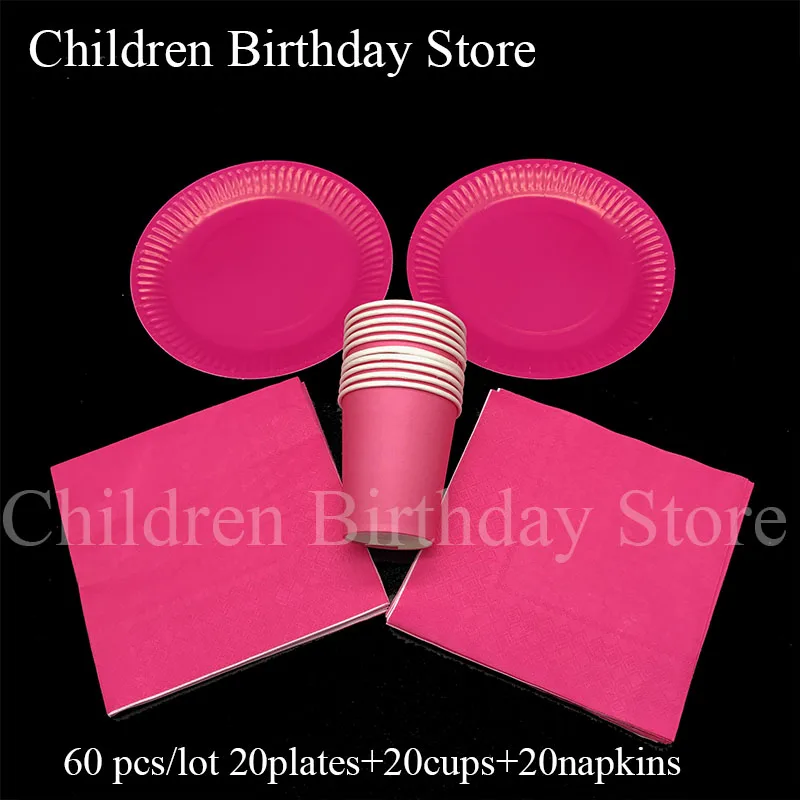 

60pcs/lot plain color disposable party tableware sets rose theme plates cups napkins rose theme party sets for 20 people