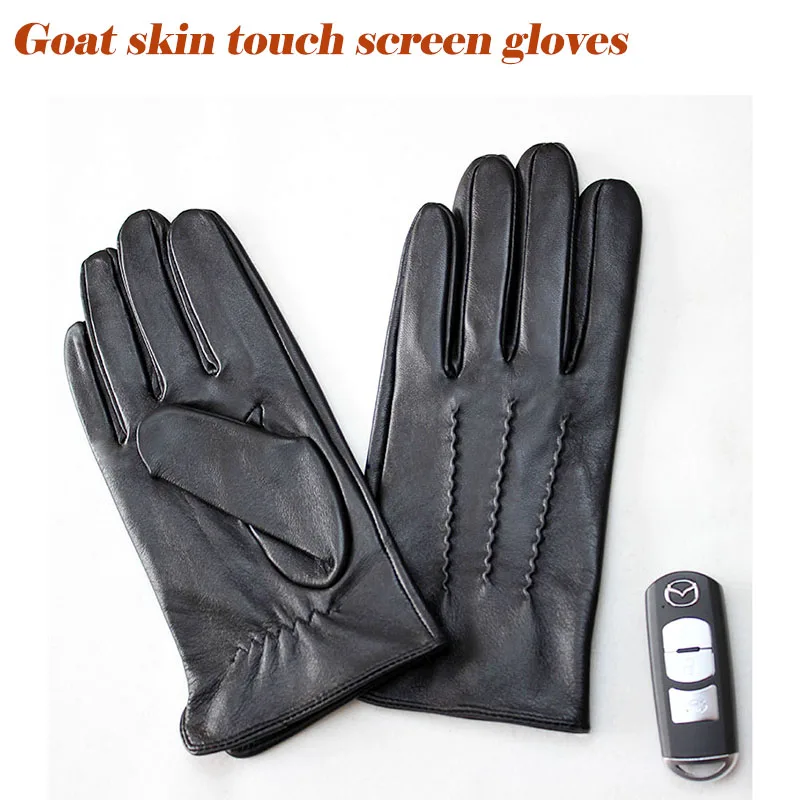 

Goatskin gloves men's single skin thin unlined spring summer driving black leather touch screen sheepskin gloves