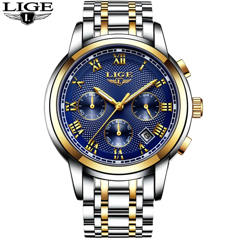S Gold Blue Новые мужские часы лучший бренд класса люкс LIGE бизнес Дата кварцевые часы из нержавеющей стали мужские модные водонепроницаемые Хронограф Мужские - Цвет: S Gold Blue