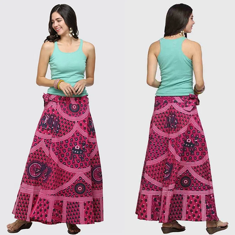 Boho Wrap Around Floral Print Maxi Skirt Women Elegant Indian Tribal Style Bohemian Long Beach Skirts Womens