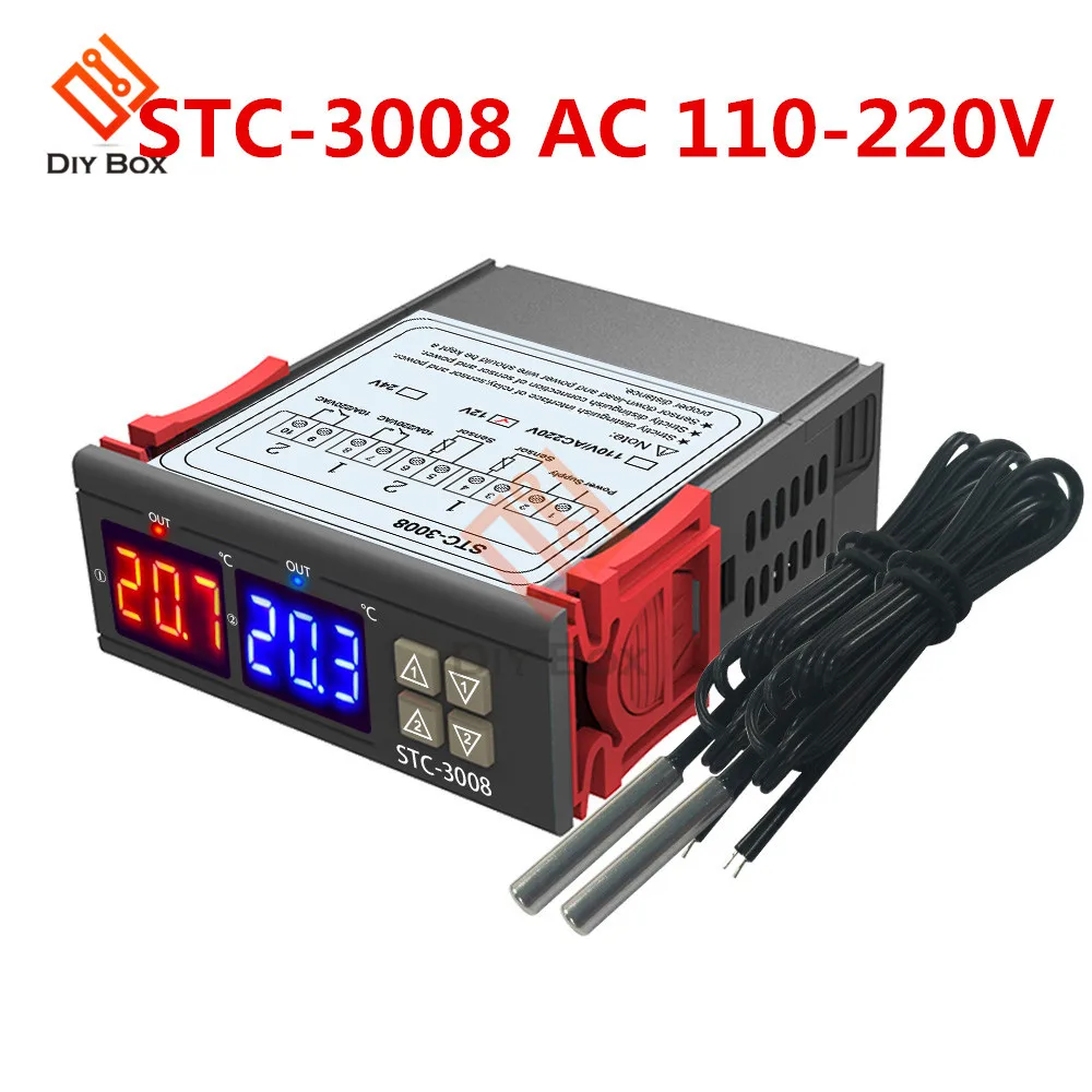 STC-3008 AC 110-220V STC-1000 3000 3008 двойной светодиодный цифровой термостат регулятор температуры DC 12 В 24 В AC 110 В 220 в регулятор нагрева и охлаждения - Цвет: STC-3008 AC 110-220V