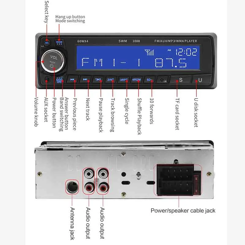 Большой ЖК экран 60 Вт * 4 магнитола с Bluetooth стерео аудио MP3 радио плеер AUX IN SD DC 12 В USB