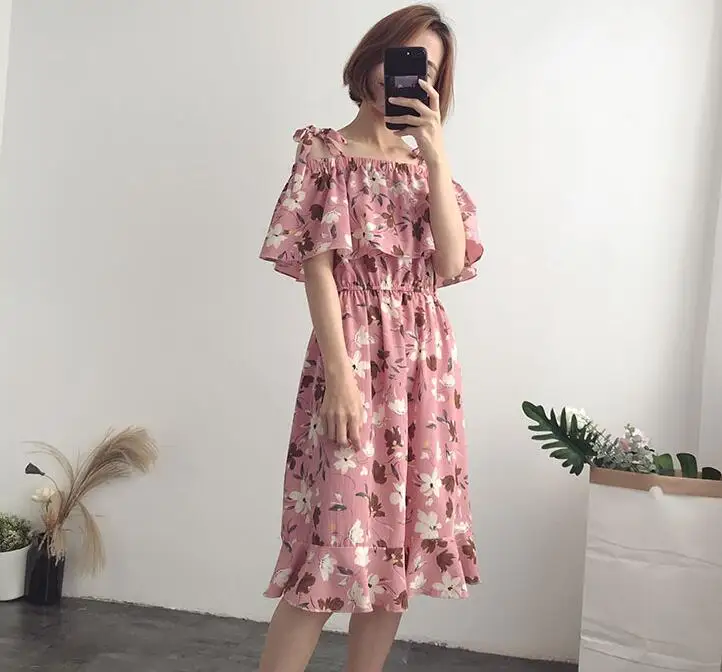 

Beach Summer Dress Women Short sle Sweet Dresses Floral Print Chiffon Camisole Ruffles Casual A-Line Dresses