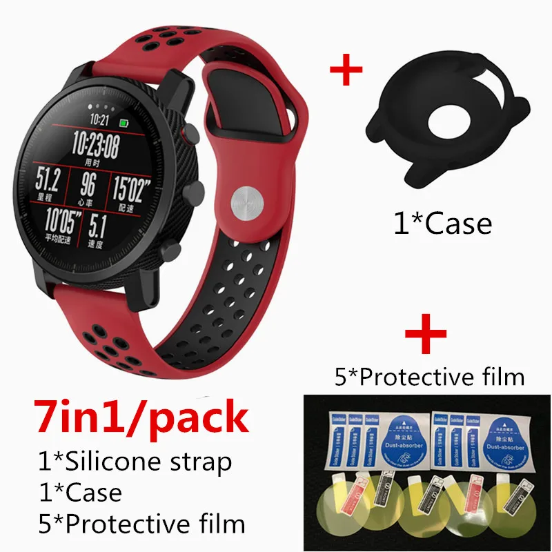 red Black 1 7в1 22 мм двухцветный силиконовый ремешок для часов Xiaomi Huami Amazfit Stratos 2 Rhythm ремешок+ чехол+ 5 шт. защитная пленка - Цвет: red Black 1