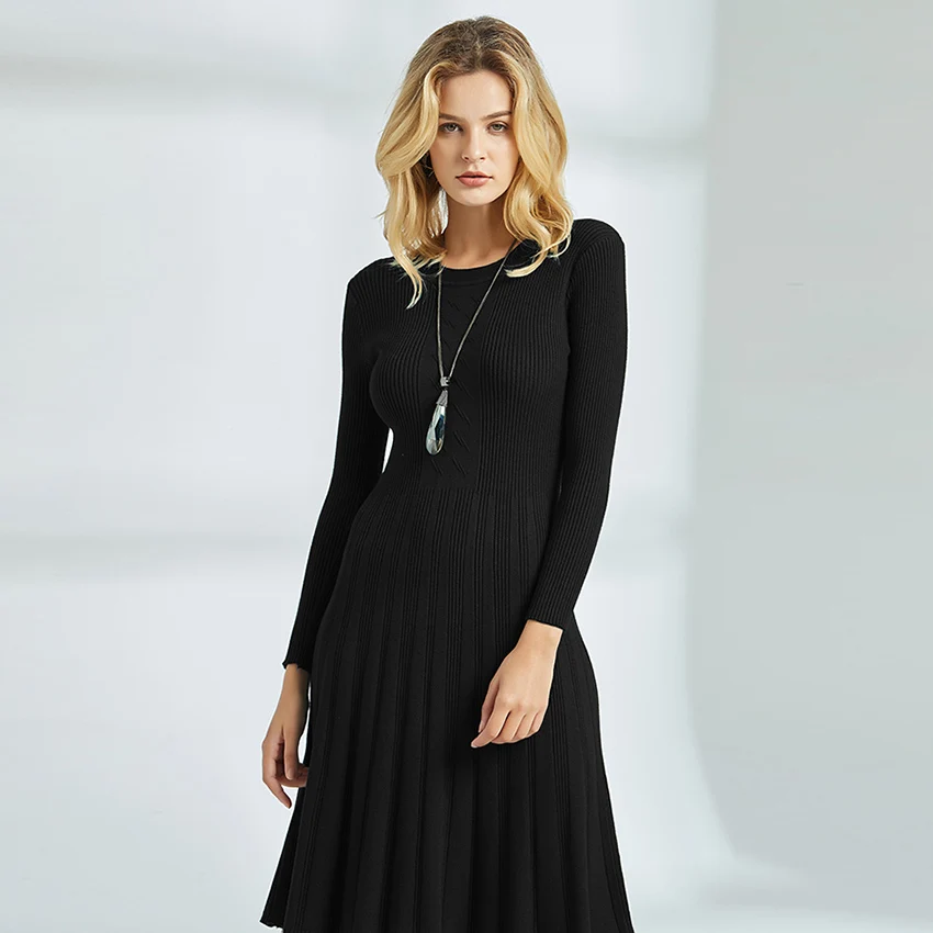 Black Autumn Winter Dress Casual Black Blue Female Knee Length Knitted Dresses Women Bodycon Long Sleeve Women's Sweater Dress - Цвет: Black