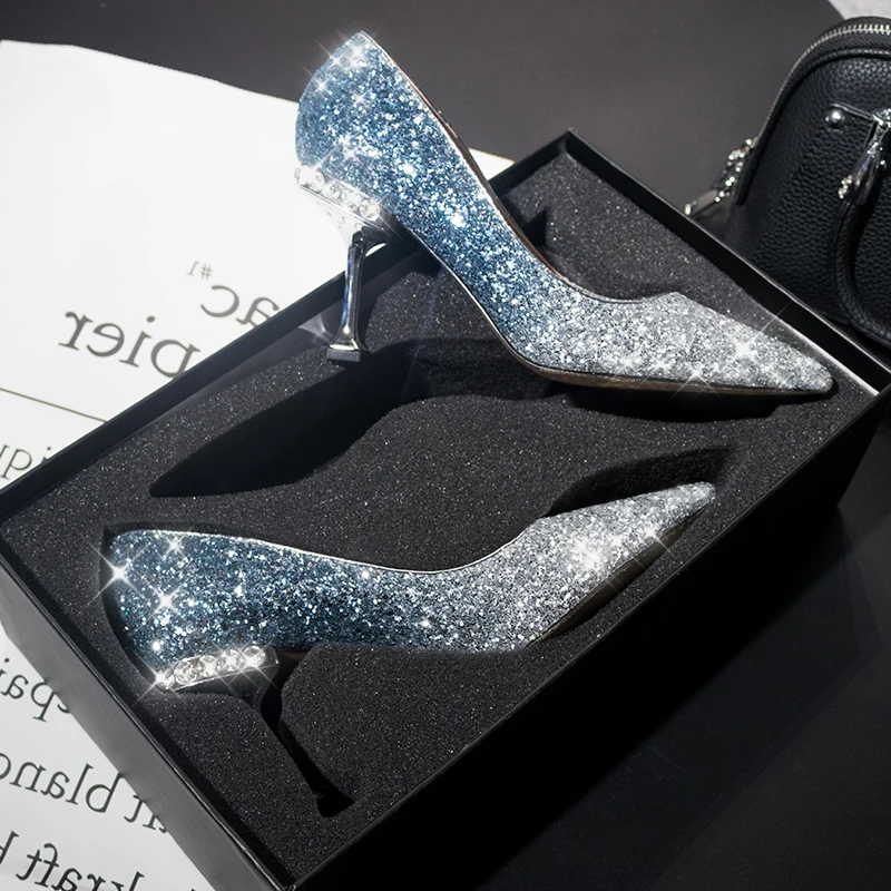 

Crystal sequined wedding shoes high heel stiletto pointed bridal shoes silver bridesmaid dress shoes pearl heel