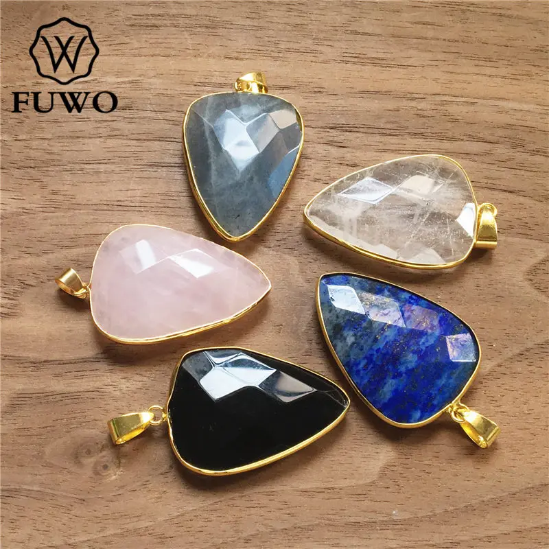 FUWO Fashion Quartz Triangular Pendant With Gold Trimmed Faceted Natural Stone Jewelry Findings Wholesale PD217 | Украшения и