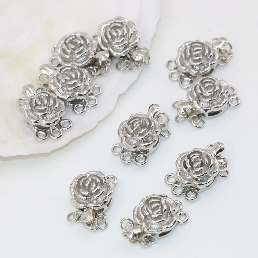 

10mm 5pcs 3 rows rose flower shape clasps hooks for necklace&bracelet alloy silver-color accessories diy jewelry findings B2856