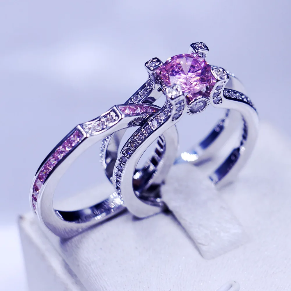 Luxury Jewelry wedding band rings for women men 3ct Pink 5A Zircon Cz 925 Sterling silver Birthstone Female Ring bridal set Gift | Украшения