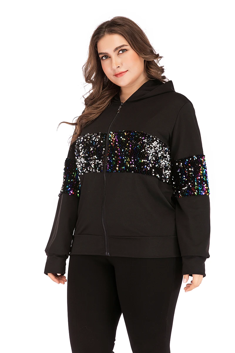GIBSIE размера плюс 4xl 3xl черный блесток толстовки с капюшоном женские повседневные круглый вырез с длинным рукавом на молнии пальто Верхняя одежда