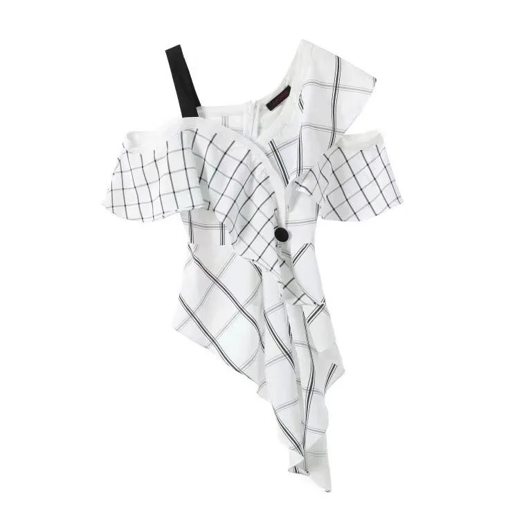 TWOTWINSTYLE полосатая Сексуальная рубашка женская с открытыми плечами туника с оборками Высокая талия на молнии нерегулярная блузка Топ летняя OL Tide одежда