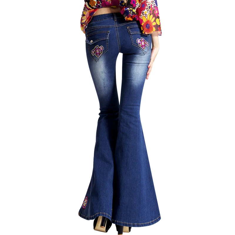 Luxury Hnad Embroidered Low Waist Big Flared Jeans Female Boot Cut Fine Beading Bell Bottom Jeans Denim Trousers A173