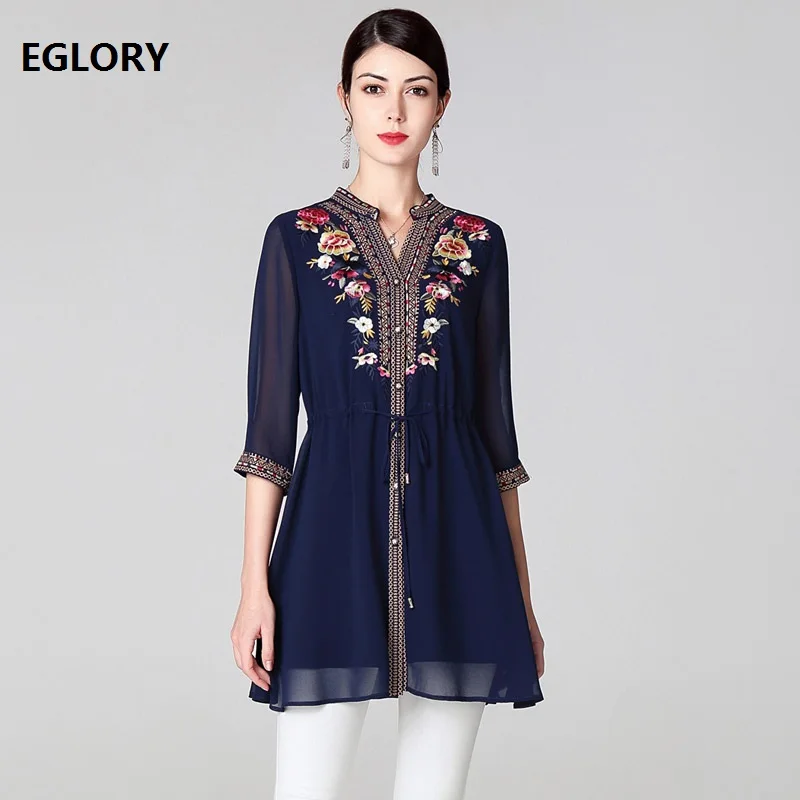 

Plus Size Blouses 2019 Spring Summer Fashion Shirts Woman V-Neck Luxurious Embroidery Drawstring Waist Casual Blouse Female Tops