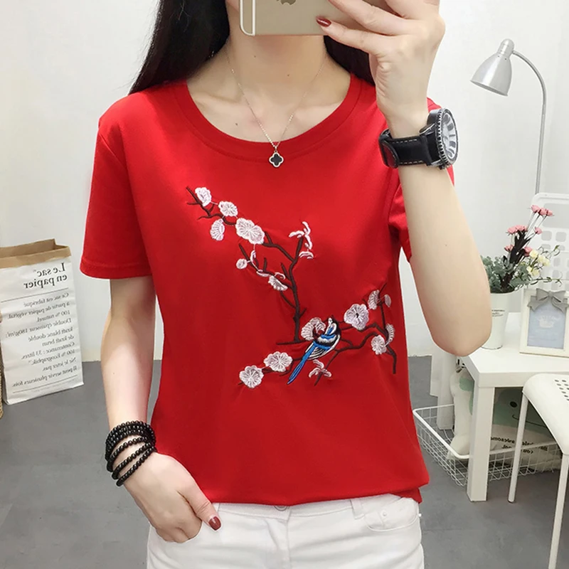 Женская хлопковая Футболка с вышивкой повседневная Элегантная футболка